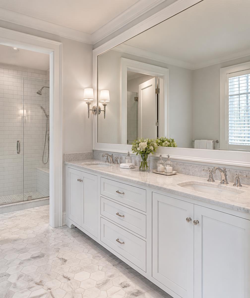 Master bathroom with double vanity and marble counters