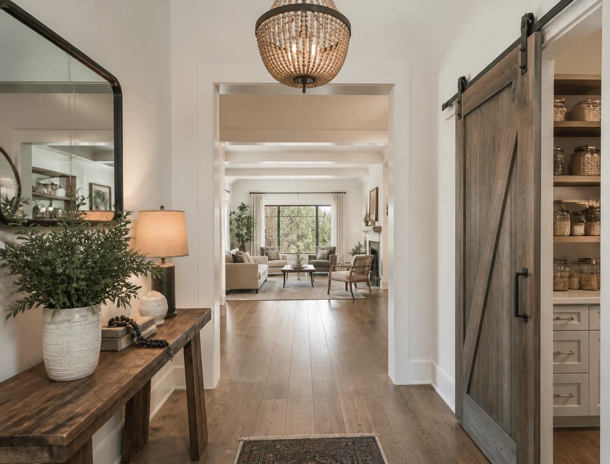 Entry hallway with wood floors and chandelier