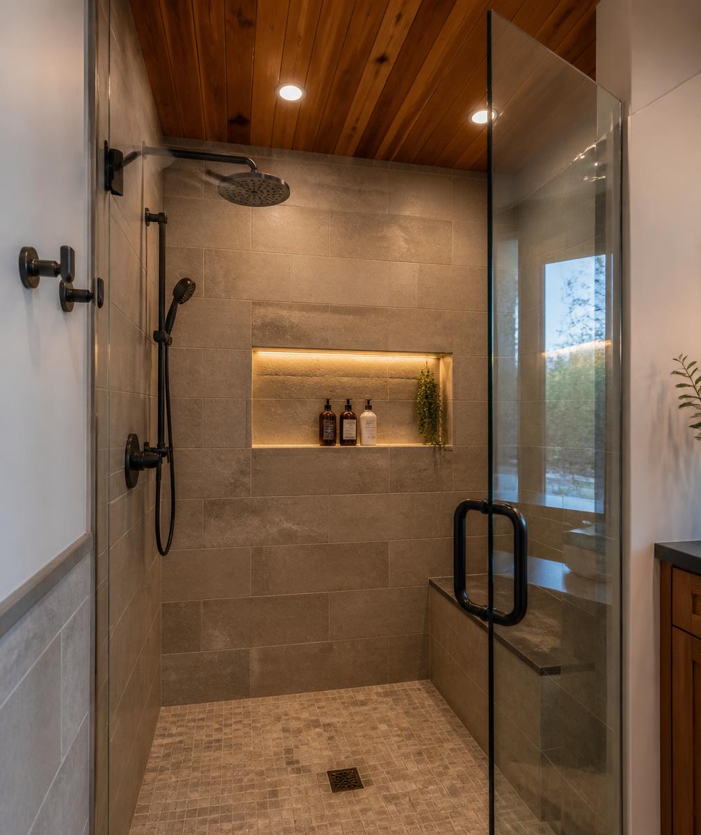 Walk-in shower with cedar plank ceiling